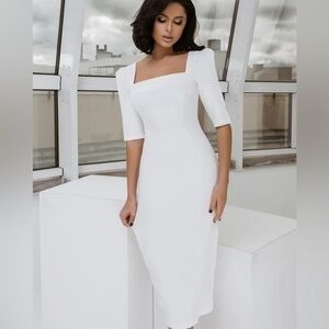 Elagia White Short Sleeve Square Neck Midi Dress with Slit NWT Size S